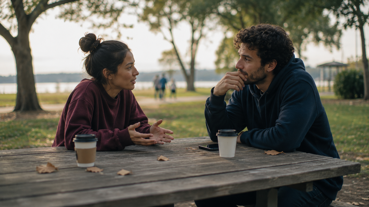 Two people sit across from each other at a wooden picnic table outdoors, talking seriously. Coffee cups and a phone are on the table, with autumn leaves scattered around. Trees and a lake are visible in the background.