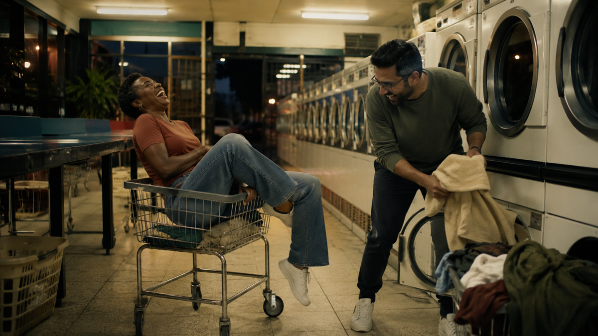 Two people laugh together in a laundromat; one sits playfully in a shopping cart while the other stands nearby holding laundry, with rows of washing machines in the background.