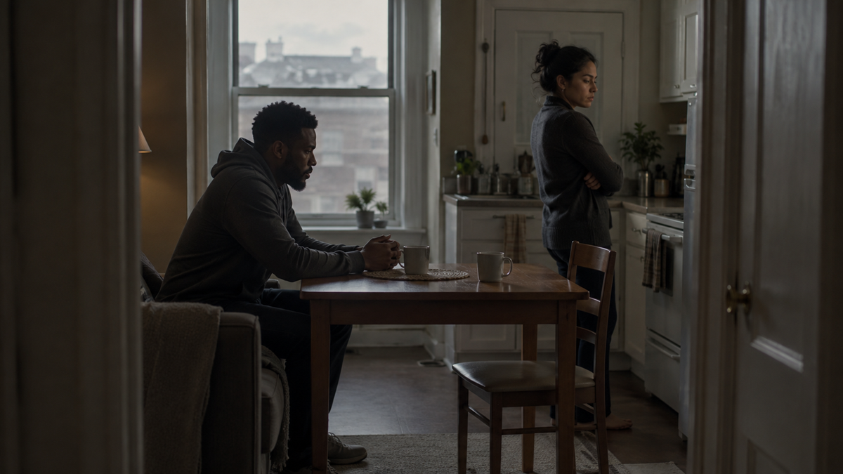 A man sits at a table looking thoughtful while a woman stands in the kitchen with her arms crossed, facing away. The scene appears tense, set in a modest, softly lit apartment.