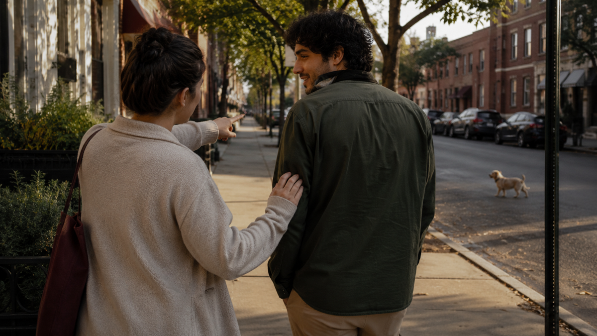 A woman points at something while talking to a man as they walk along a city sidewalk; a small dog walks across the street in the background. Relationships.