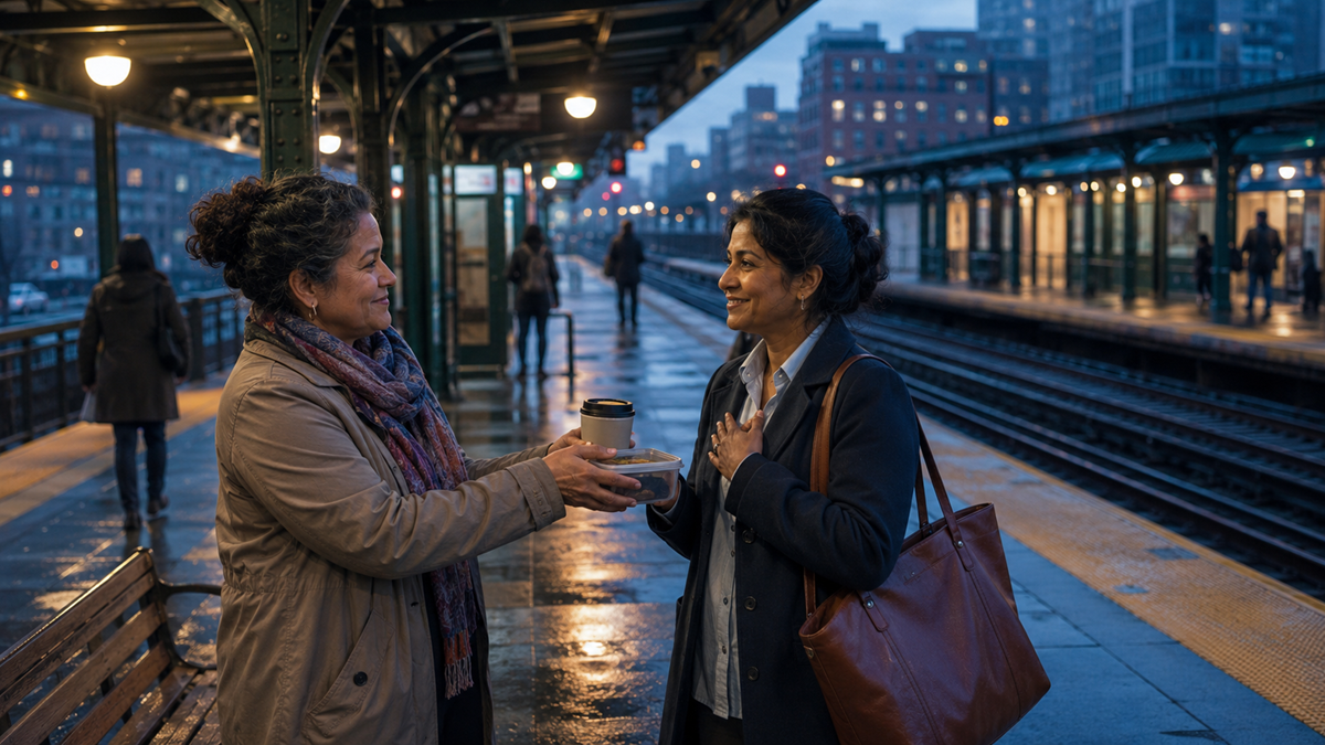 Two women stand on a rainy train platform, one handing a cup of coffee to the other. Both are smiling and appear to be having a warm conversation. City buildings and other commuters are visible in the background.