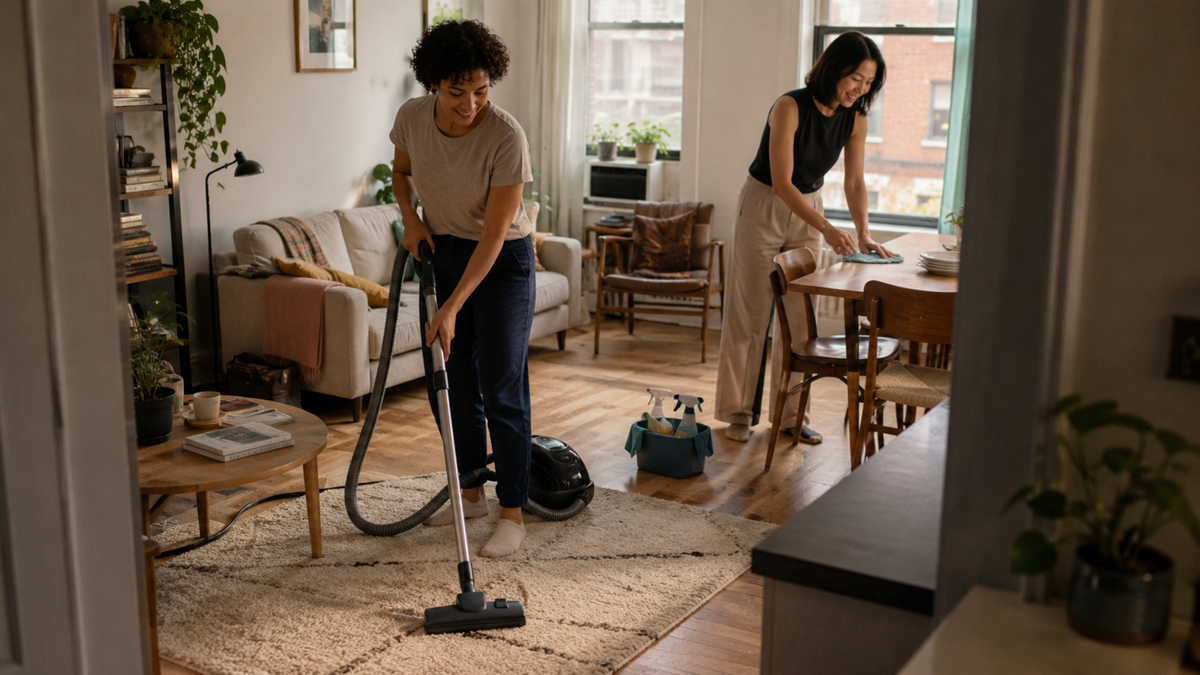 Two people are cleaning a cozy living room; one is vacuuming a rug, while the other is wiping a table. The room has plants, a sofa, and natural light coming through the windows.