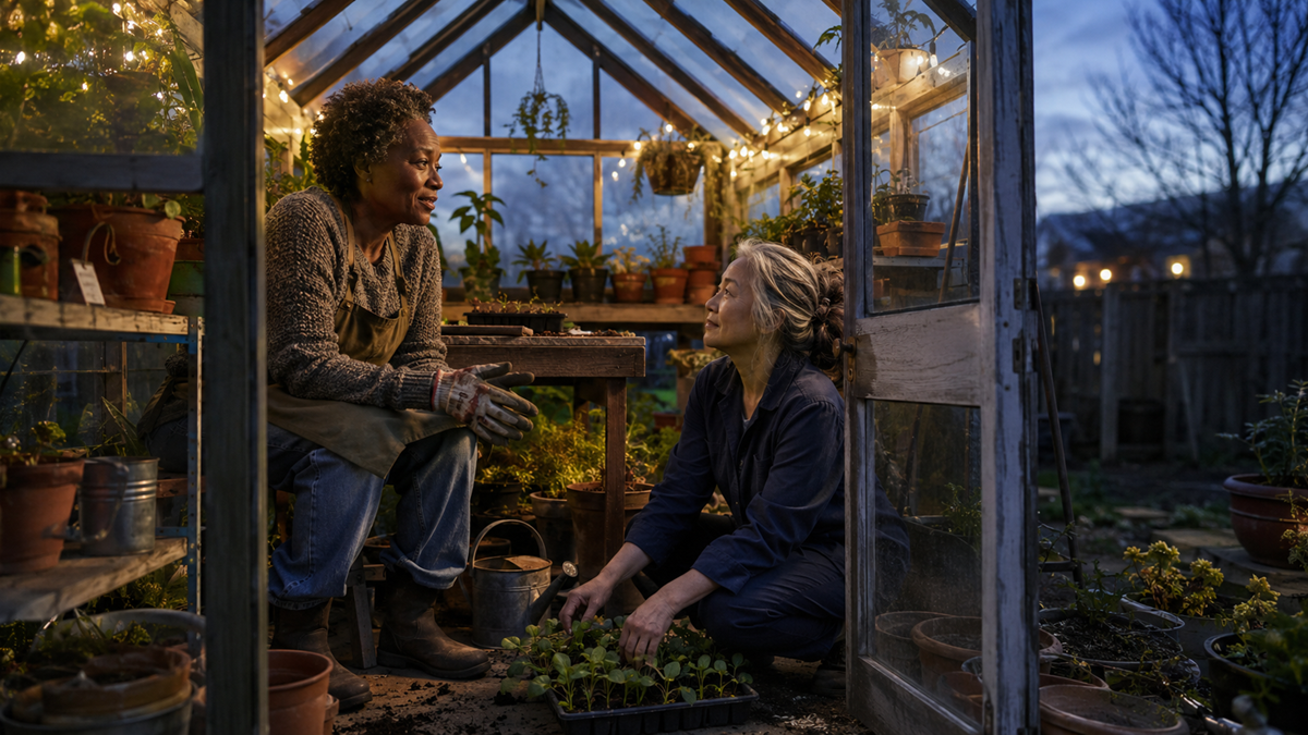 Two people gardening together in a cozy, warmly lit greenhouse at dusk, surrounded by potted plants and gardening tools, with string lights overhead and open doors revealing a darkening outdoor scene.