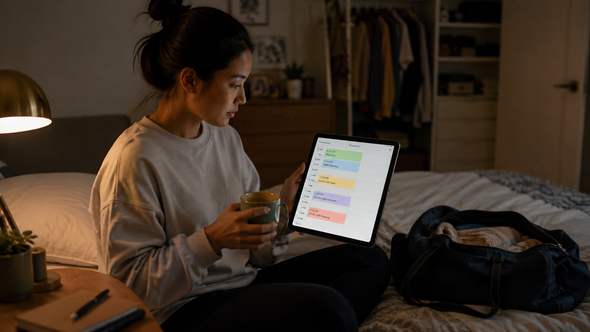A person sits on a bed holding a mug and looking at a tablet displaying a colorful schedule. An open bag, lamp, and notebook are nearby in a softly lit bedroom.