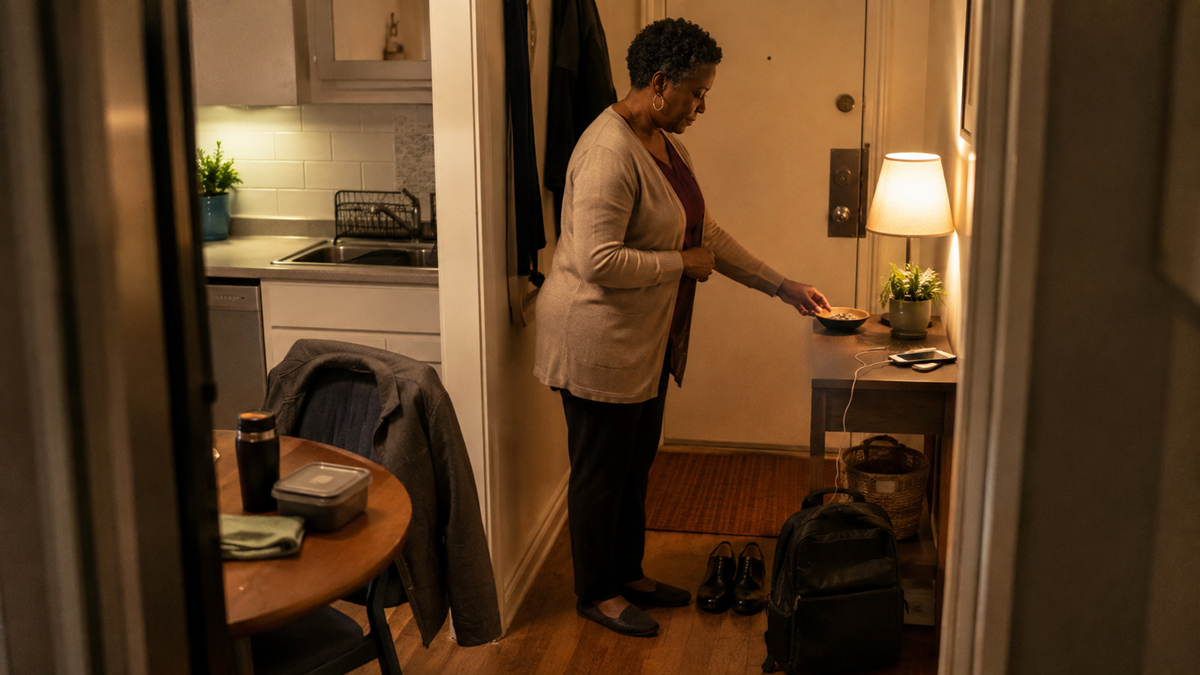 An older woman stands near an entryway table in a warmly lit home, placing keys in a bowl. Shoes, a bag, and a small lamp are visible. A kitchen and dining table are in the background.