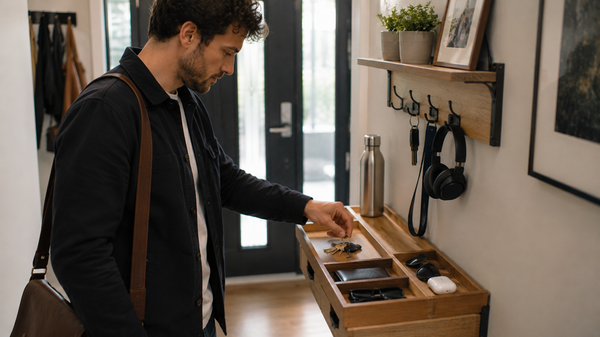 A person places keys on a wooden entryway organizer, which also holds a phone, wallet, and earbuds. Shelves above display a plant, headphones, a water bottle, and hooks for hanging items.