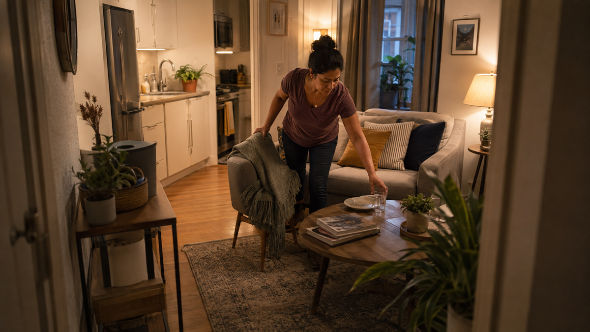 A woman places a glass on a wooden coffee table in a cozy, warmly lit living room with plants, books, and a view into a small kitchen area in the background.