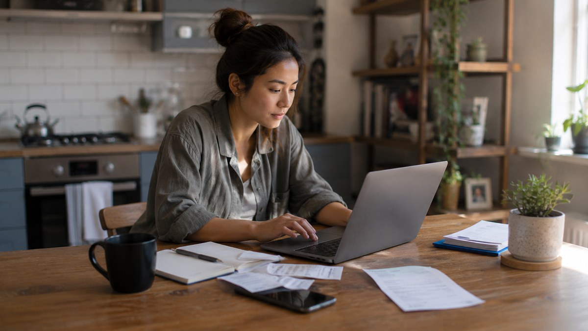 A woman sits at a kitchen table working on a laptop, surrounded by papers, a notebook, a cup, and a phone. Shelves with plants and kitchen items are visible in the background.