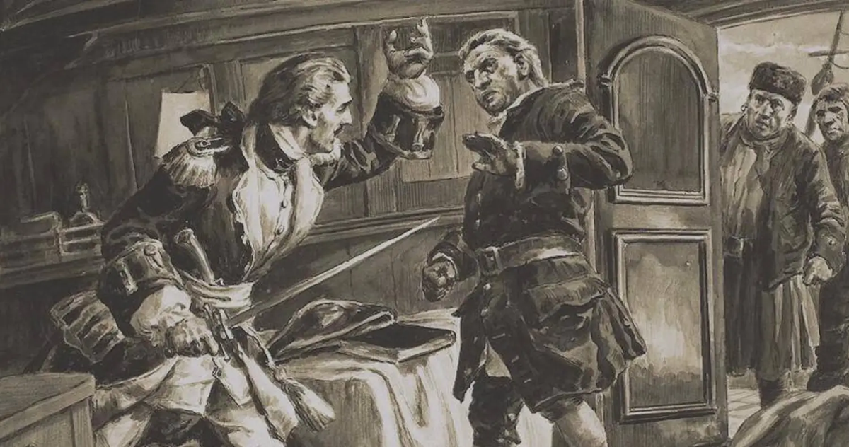 A dramatic scene on a ship: one man threatens another with a raised fist while holding a sword, as two men watch from a doorway. The tense confrontation appears to take place in a captain’s cabin.
