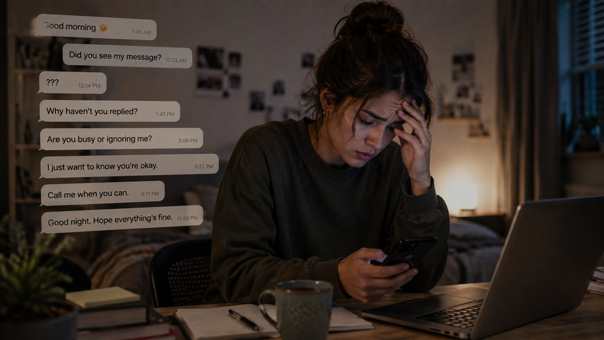 A woman sits at a desk, looking stressed while reading her phone. Multiple worried text messages are visible next to her, and there is a laptop, mug, and notebook on the desk in a dimly lit room. red flags