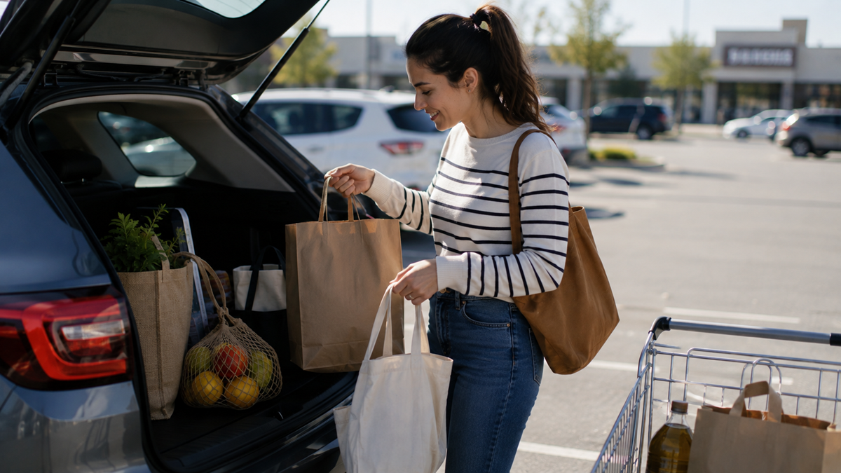 A woman stands by a car trunk in a parking lot, loading groceries from reusable bags, with a shopping cart nearby. She is smiling and wearing a striped sweater and jeans.