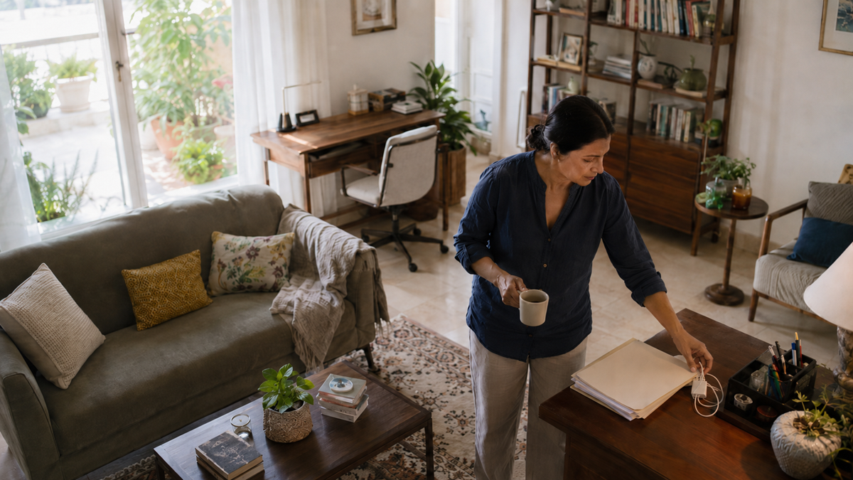A woman holding a coffee mug stands in a cozy, sunlit living room, reaching for something on a table with a stack of papers. The room has plants, bookshelves, a sofa, and a desk near large windows.