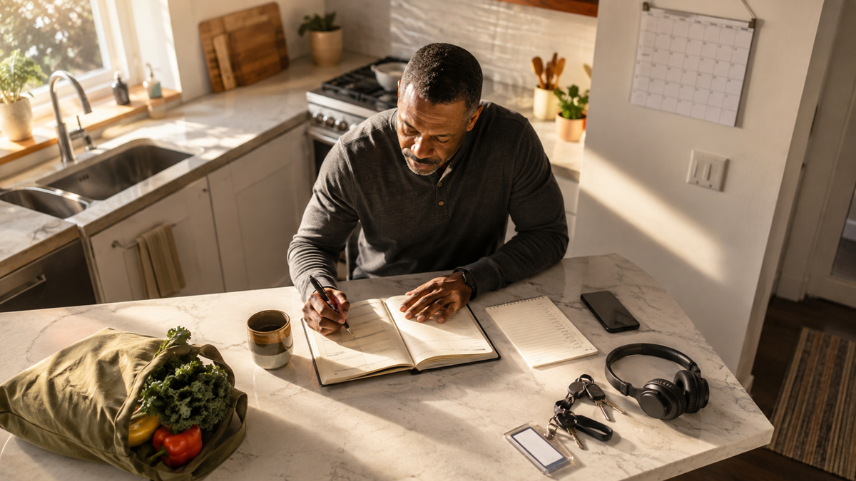 A man sits at a kitchen counter, writing in a notebook. Groceries, headphones, a phone, keys, and a cup of coffee are on the counter. Sunlight streams in through the window.