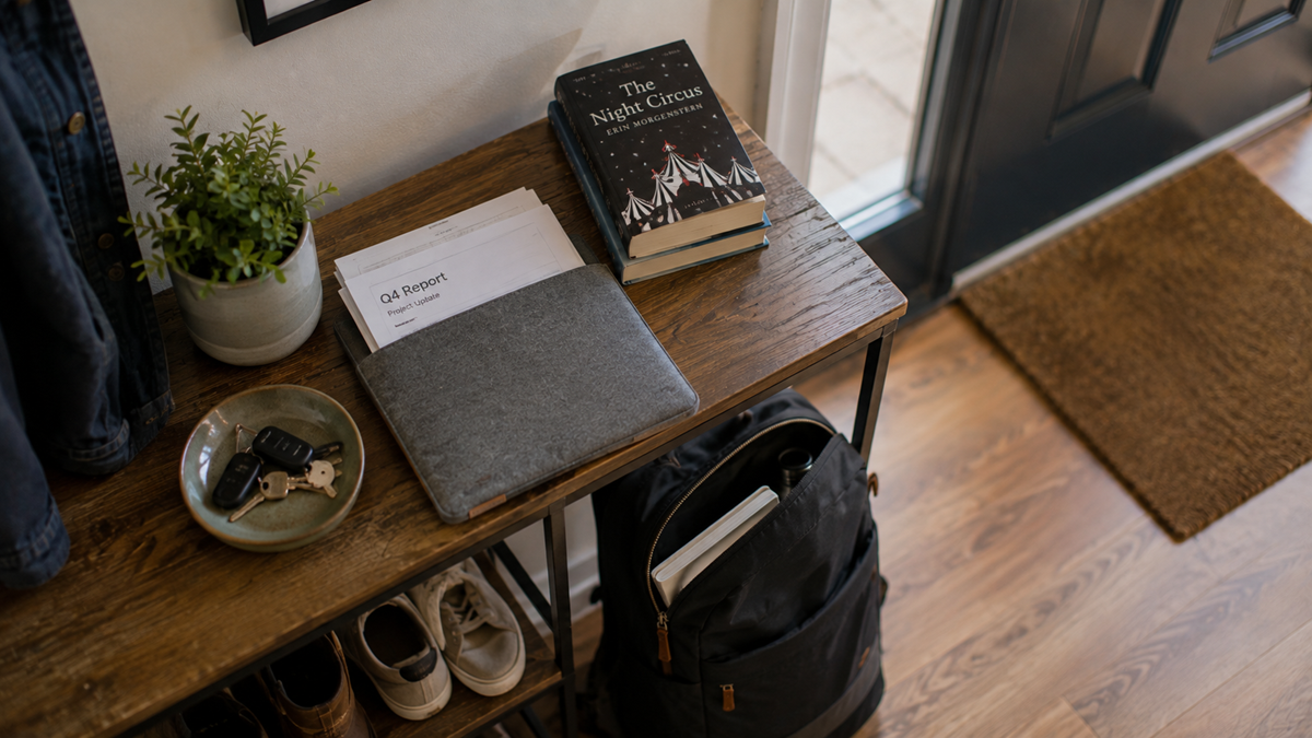 A wooden entryway table with a plant, keys, a notebook, documents, and a book titled “The Night Circus.” A backpack and shoes sit underneath, next to a door with a brown doormat on a wooden floor.