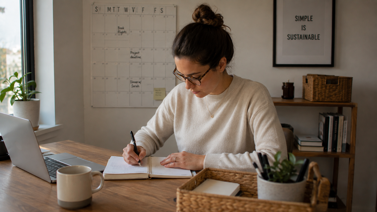 A person wearing glasses writes in a notebook at a wooden desk with a laptop, mug, and baskets; a wall calendar and a “Simple Is Sustainable” sign are in the background.