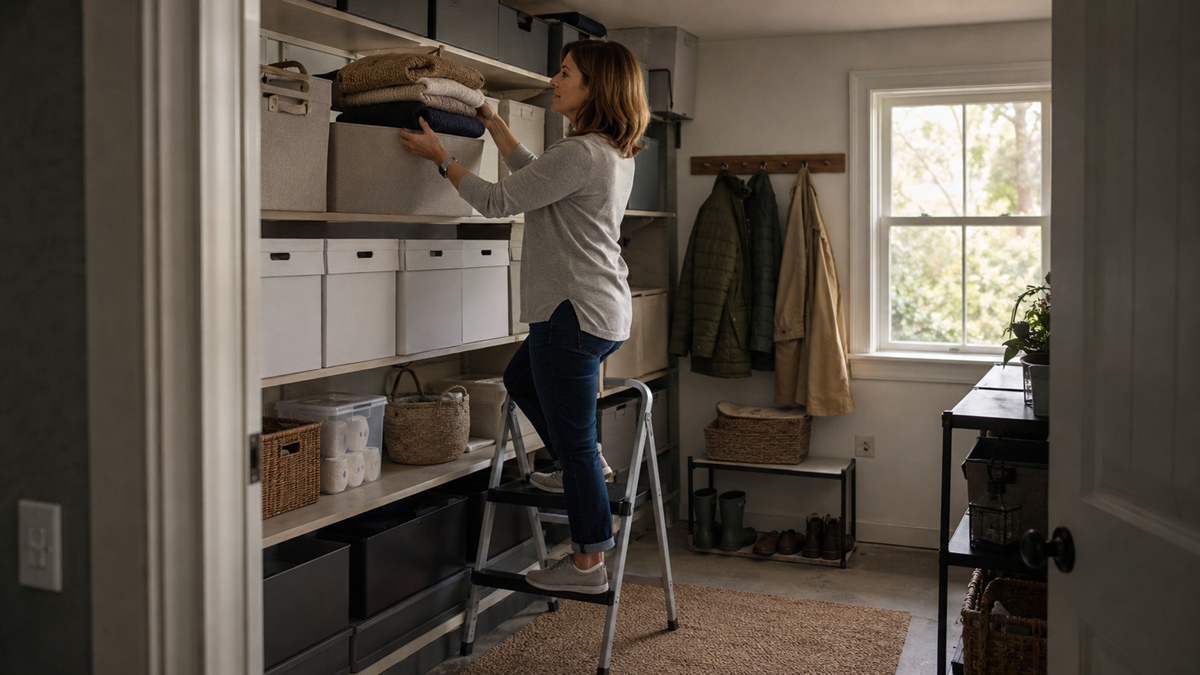 A woman stands on a step ladder, organizing folded linens on a high shelf in a tidy, well-lit laundry or mudroom with storage bins, baskets, and coats hanging by a window.