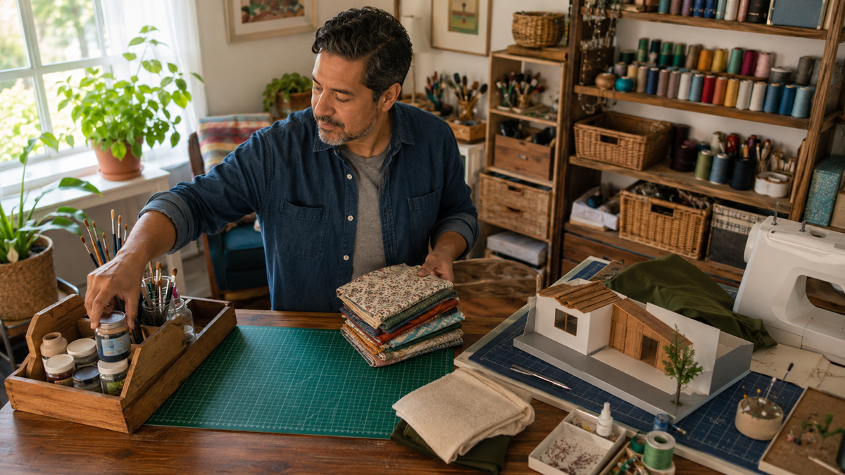 A man in a craft room holds a stack of fabric while reaching for paint. A miniature house model, sewing machine, and organized supplies are on the table and shelves nearby.
