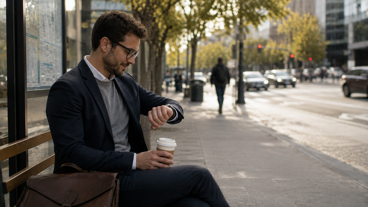A man in business attire sits at a bus stop, holding a coffee cup and looking at his watch. A briefcase rests beside him. The street is lined with trees and a few people walk in the background.