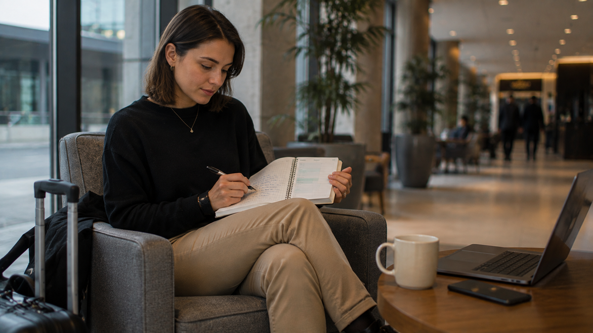 A woman sits in a modern lobby with a notebook, pen in hand, and laptop and coffee mug on the table beside her. She appears focused, with luggage nearby, suggesting she may be traveling or working remotely.
