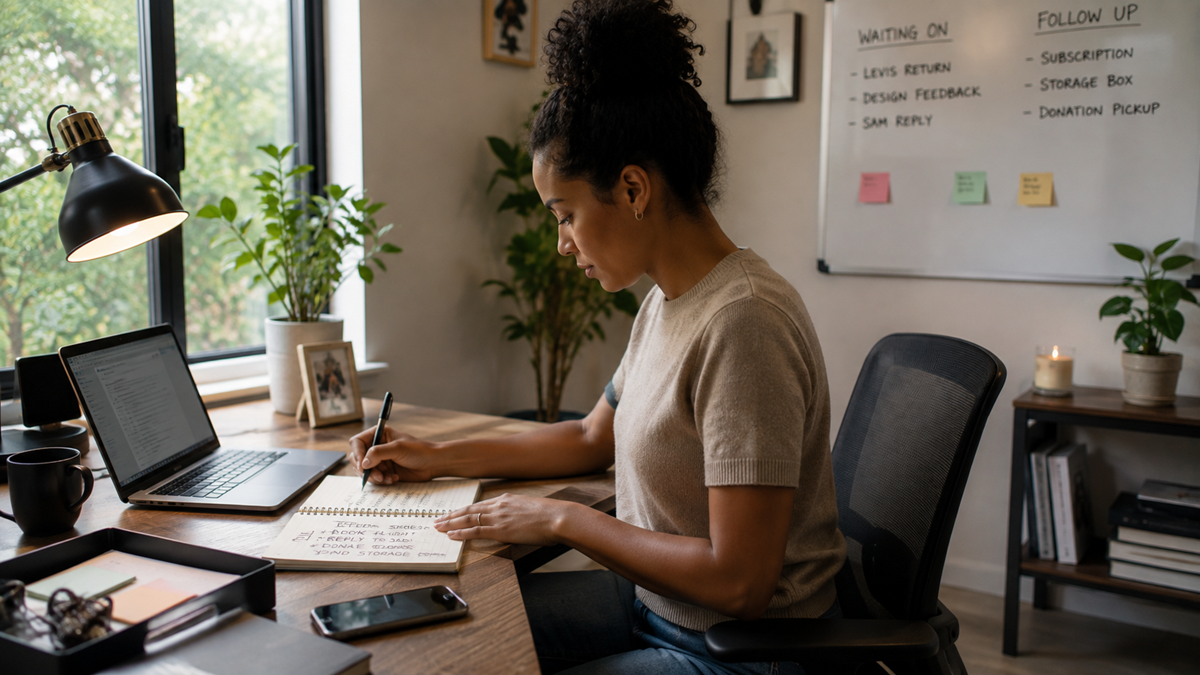 A woman sits at a desk in a home office, writing in a notebook with a laptop open beside her. A whiteboard with a to-do list is on the wall, and the room is decorated with plants and soft lighting.