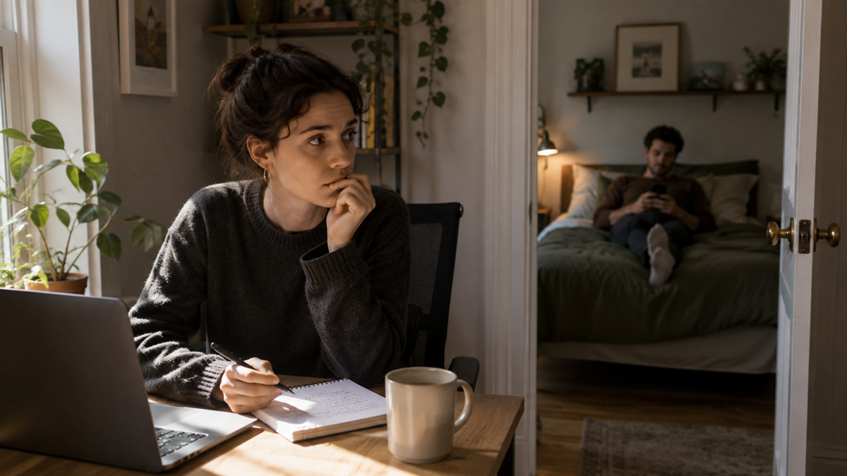 A woman sits at a desk with a laptop, notebook, and mug, looking thoughtful. In the background, a man is sitting on a bed using his phone. The room is softly lit with plants and shelves visible.