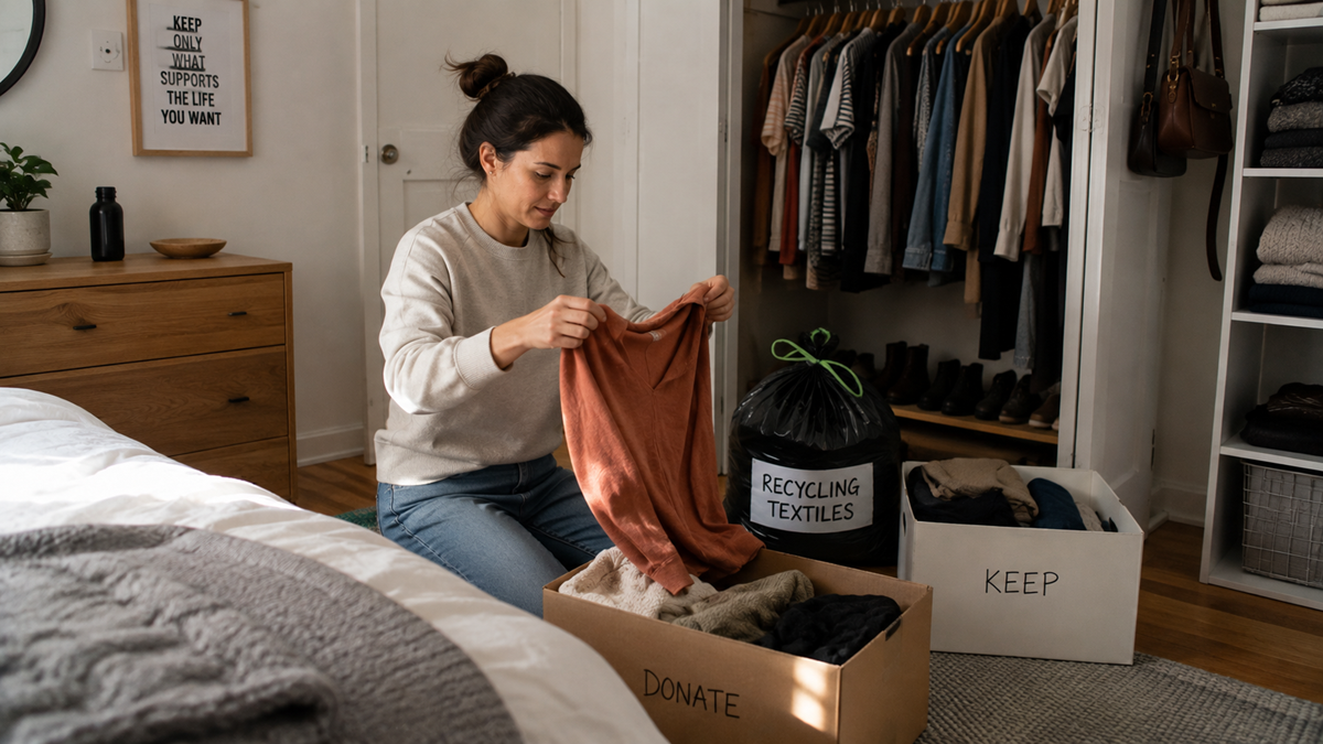 A woman sits on the floor sorting clothes into boxes labeled “DONATE” and “KEEP,” with a trash bag labeled “RECYCLING TEXTILES” nearby, in a tidy bedroom with an open closet.