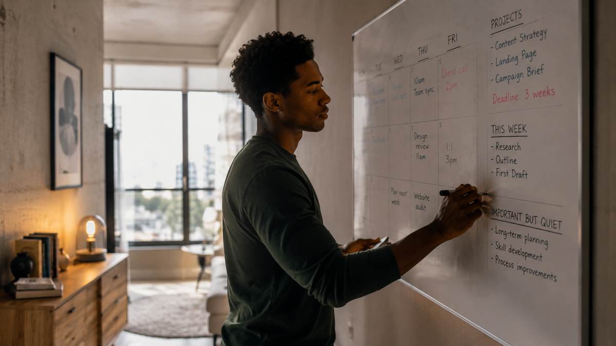 A person writes on a whiteboard with a weekly calendar and project notes in a modern home office, with sunlight coming through large windows in the background.