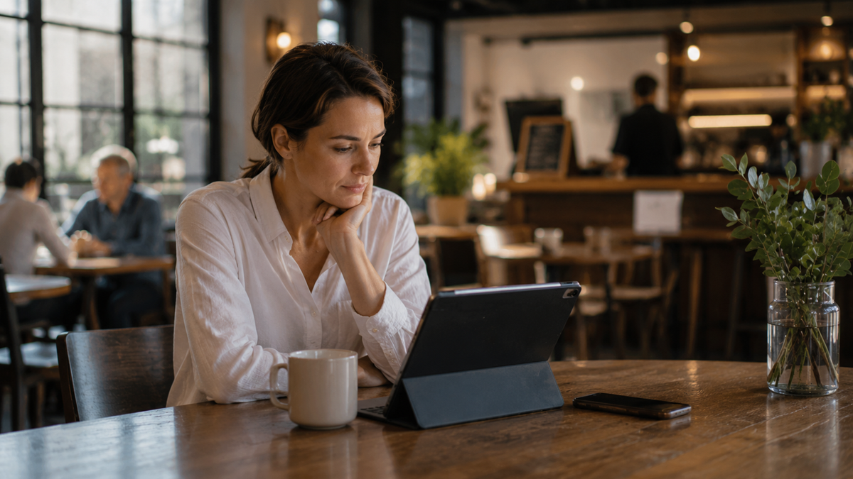 A woman sits at a café table with a mug, looking at a tablet. A phone rests nearby. The café has large windows, plants, and other patrons in the background.