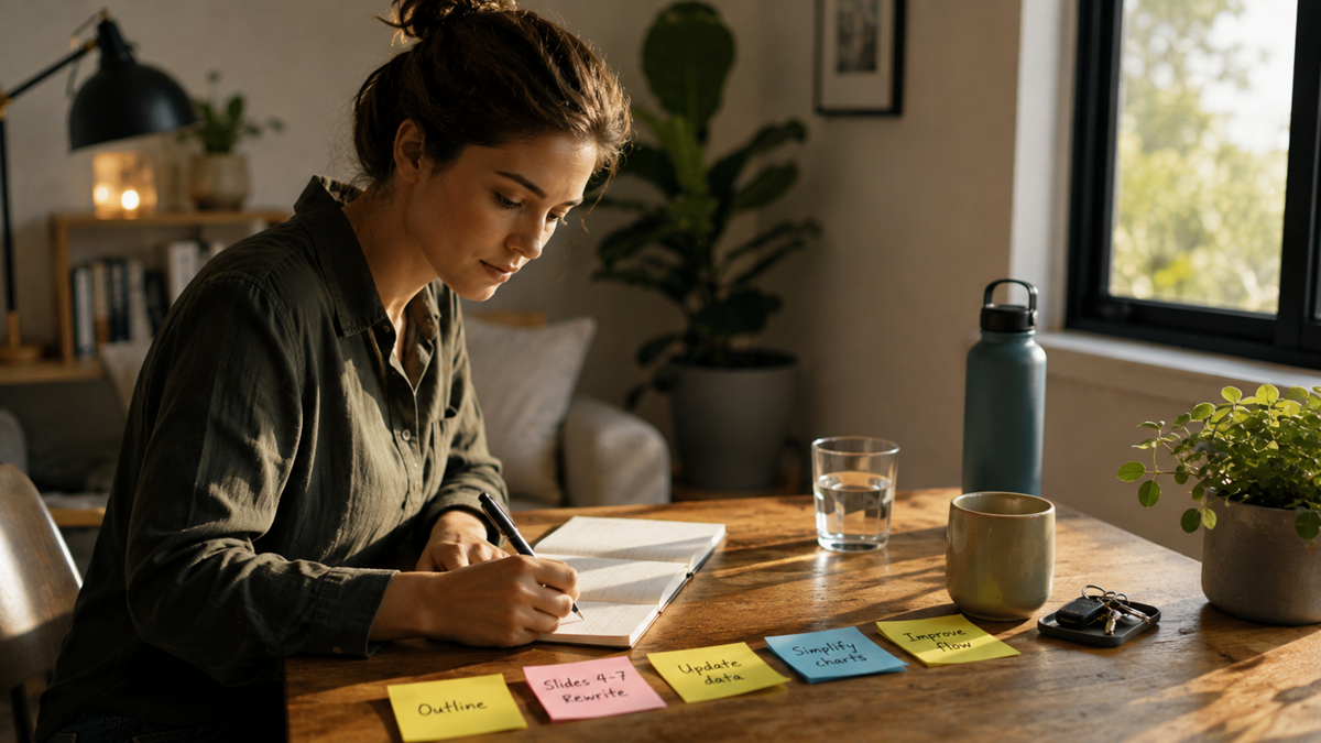 A woman sits at a wooden table writing in a notebook, with colorful sticky notes, a water bottle, glass, plant, keys, and sunlight streaming through a window nearby.