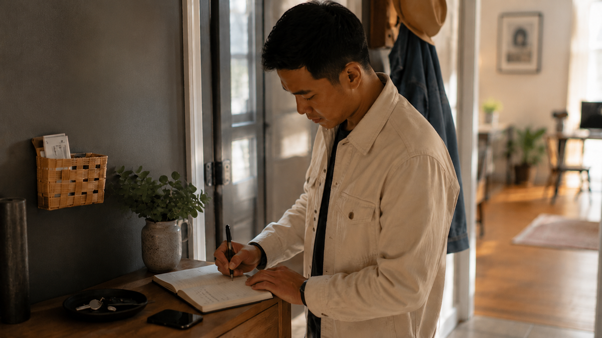 A man in a light jacket stands at a wooden table, writing in a notebook in a warmly lit home entryway, with keys, phone, and a potted plant nearby.