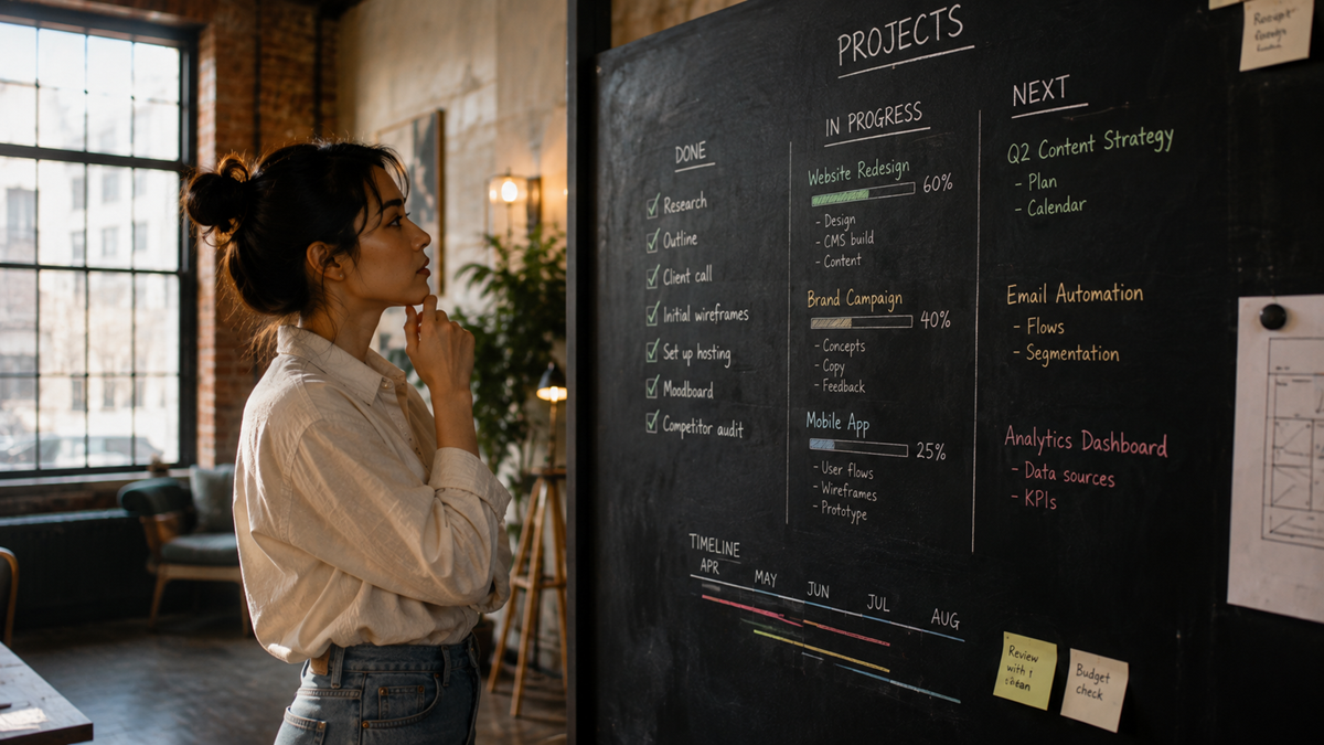 A woman stands in an office, thoughtfully looking at a large blackboard with project plans, timelines, and tasks written in colorful chalk. Sunlight streams in through tall windows in the background.