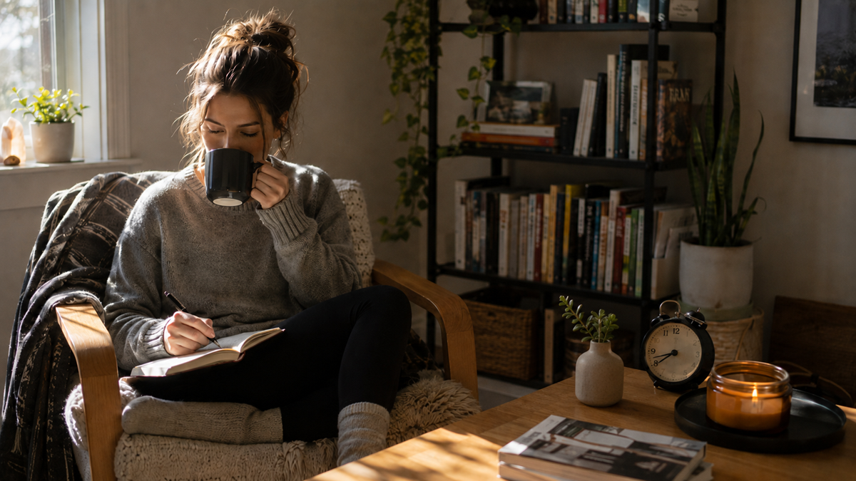 A woman sits in a cozy chair by a window, drinking from a mug and writing in a notebook. She is surrounded by books, plants, a candle, and an alarm clock on a wooden table, with sunlight streaming in.