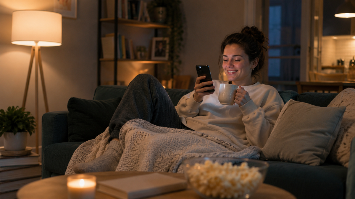 A person sits on a couch under a blanket, smiling at their phone and holding a mug. A candle, book, and bowl of popcorn are on the table. The room is softly lit and cozy.