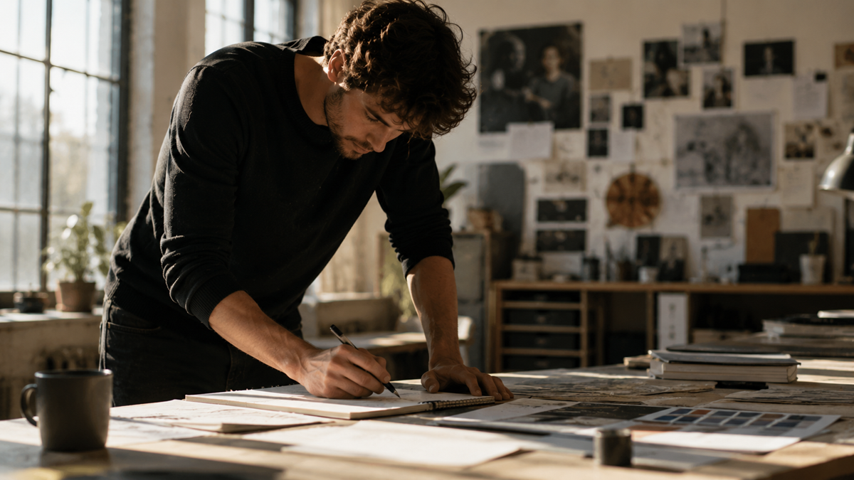 A man leans over a desk, sketching in a bright studio filled with art supplies, papers, and inspiration images pinned to the walls.