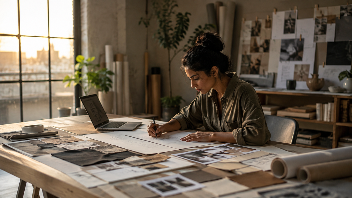 A woman sits at a large desk covered with fabric swatches, sketches, and photos, drawing on a sheet of paper. A laptop is open nearby, and design inspiration boards are visible in the background.