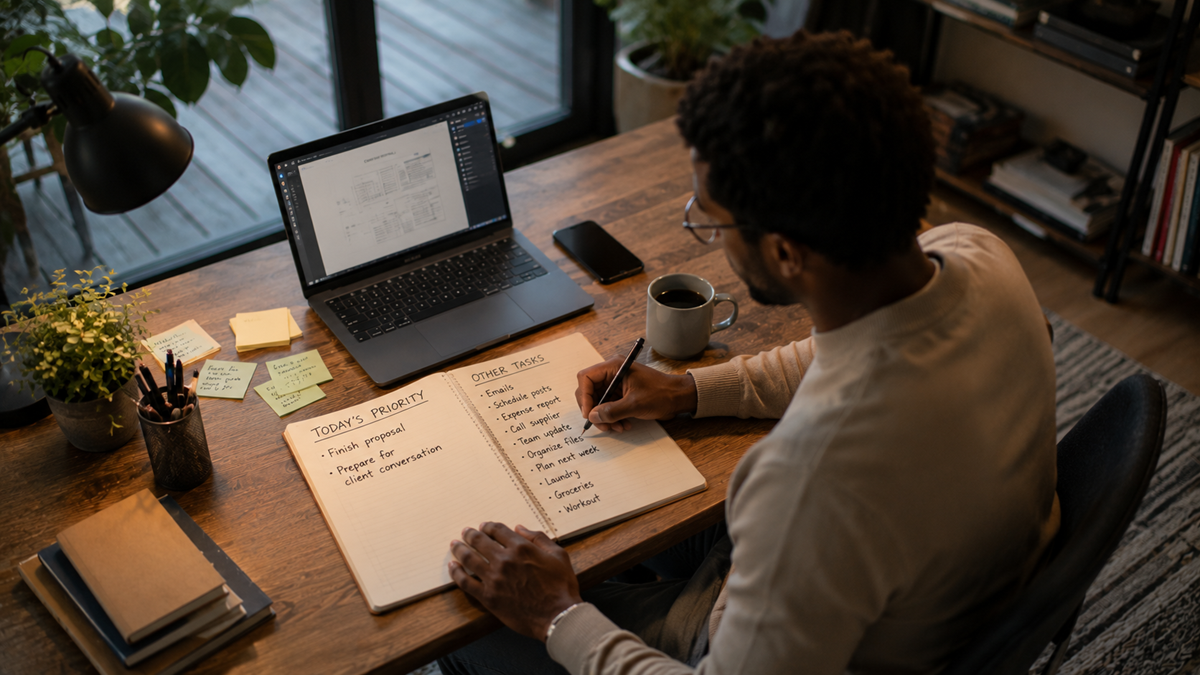 A person sits at a desk with a laptop, coffee mug, plants, and an open notebook with to-do lists. The workspace is neat and overlooks a patio through large windows.