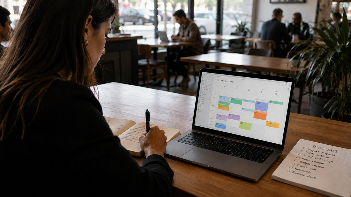A person writes in a notebook at a café table with a laptop displaying a colorful calendar and a handwritten to-do list beside them. Other people are sitting and talking in the background.