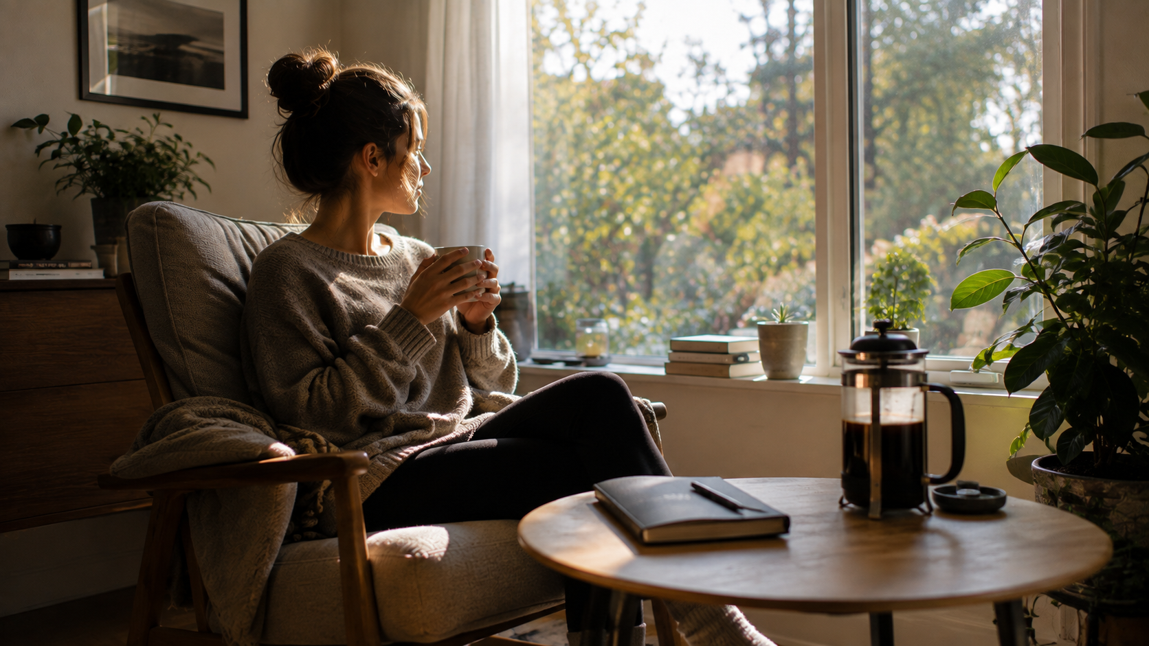 A woman sits in a cozy chair by a window, holding a mug and looking outside. A table with a notebook, pen, and French press coffee sits in front of her, surrounded by potted plants and warm sunlight.