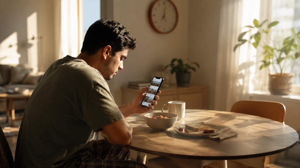 A man sits at a sunlit kitchen table, looking at his phone. Breakfast items, including a bowl of cereal and a plate of toast, are on the table. A clock and potted plants are visible in the cozy background.