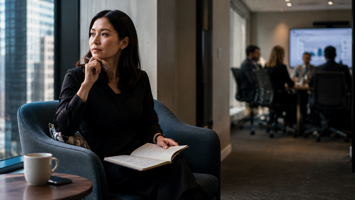 A woman sits in a chair by a window, holding an open notebook and pen, looking thoughtful. A coffee mug is on a table beside her. In the background, people are meeting in a conference room.