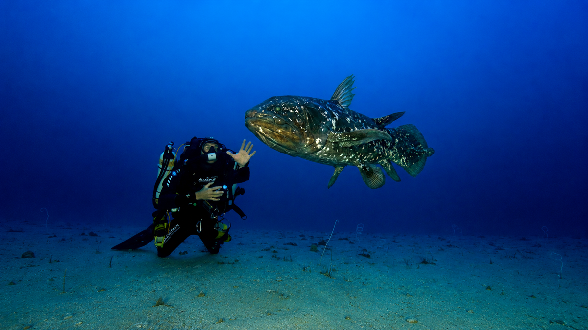 A scuba diver on the ocean floor gestures with one hand while facing a large coelacanth fish swimming nearby in deep blue water.