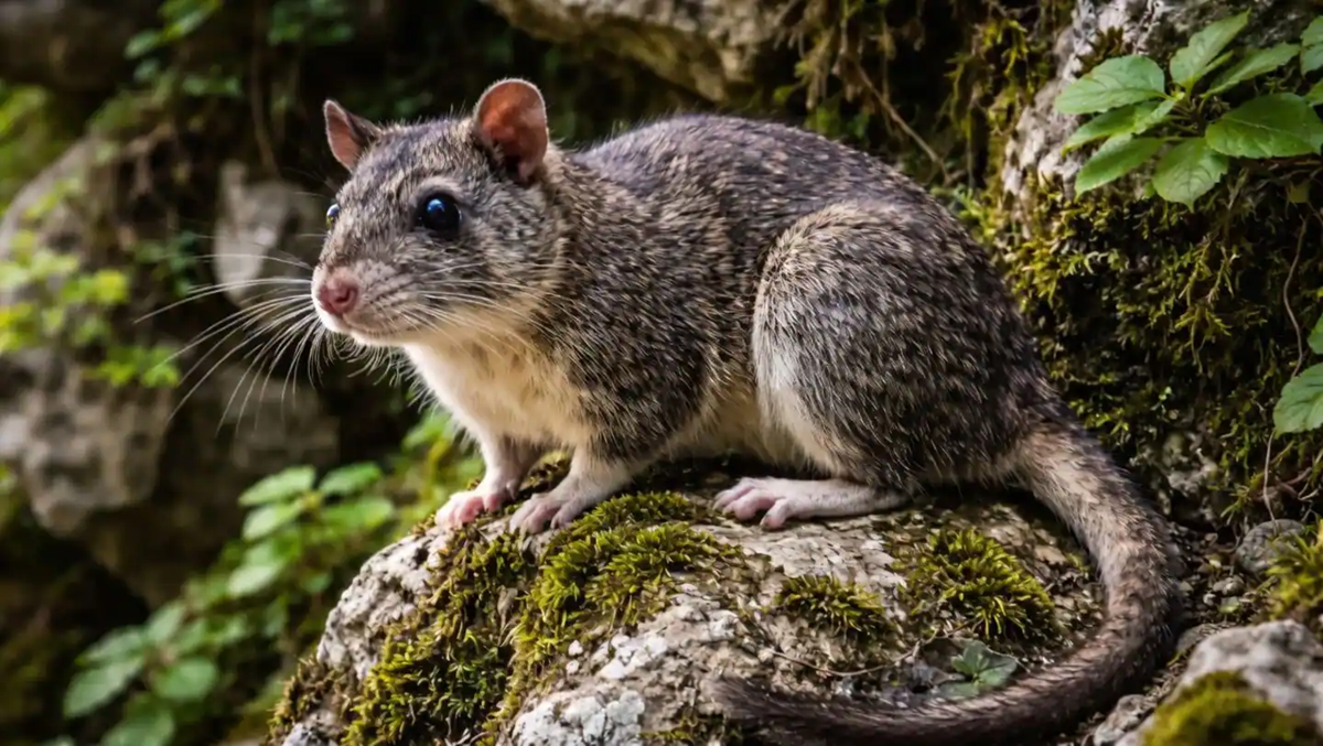A bushy-tailed rat with gray and brown fur sits alert on a mossy rock, surrounded by greenery and stones.