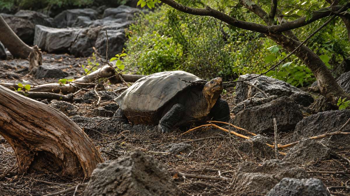 A giant tortoise walks among rocks and dry branches under green trees in a natural, forested setting.