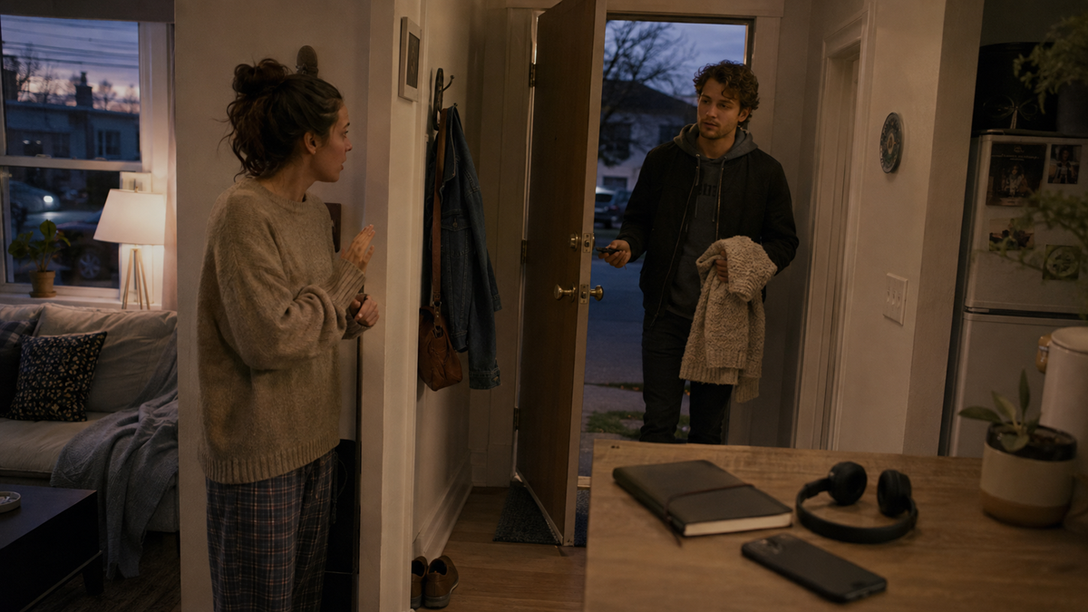 A woman in pajamas stands inside a cozy living room, talking to a man entering through the front door holding a coat. It appears to be evening, and the atmosphere seems tense or serious.