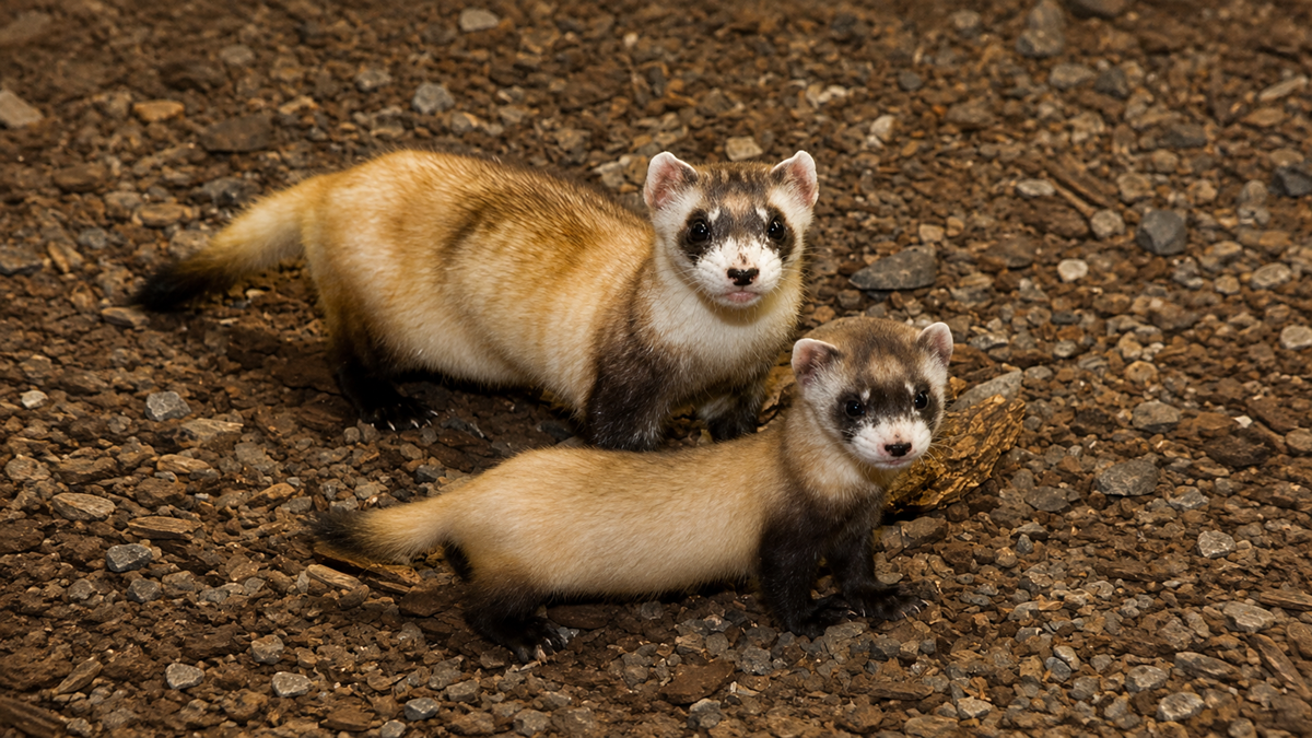 Two black-footed ferrets with light brown fur and dark markings stand on rocky ground, looking toward the camera.