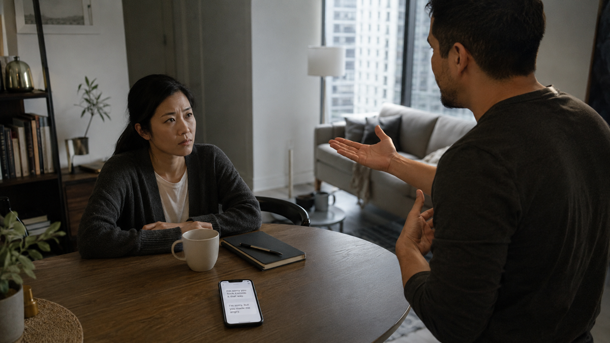A woman sits at a table with a mug and notebook, looking at a man who is speaking with an outstretched hand. A phone with visible text lies on the table. They appear to be having a serious conversation in a modern apartment.