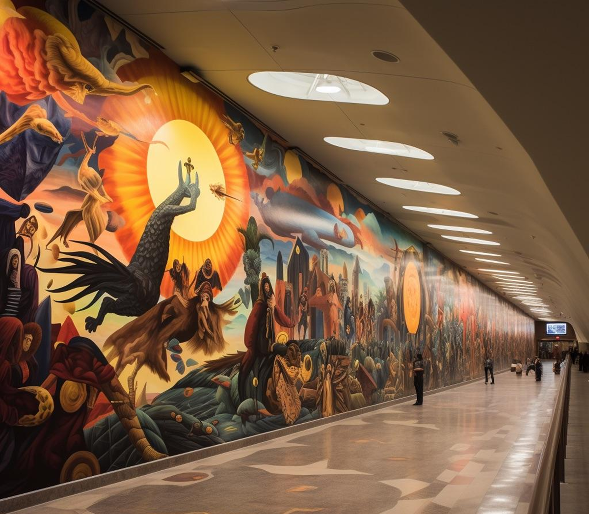 A large, colorful mural with fantasy scenes covers a long wall in a modern indoor hallway. People walk and admire the detailed artwork under bright overhead lights.
