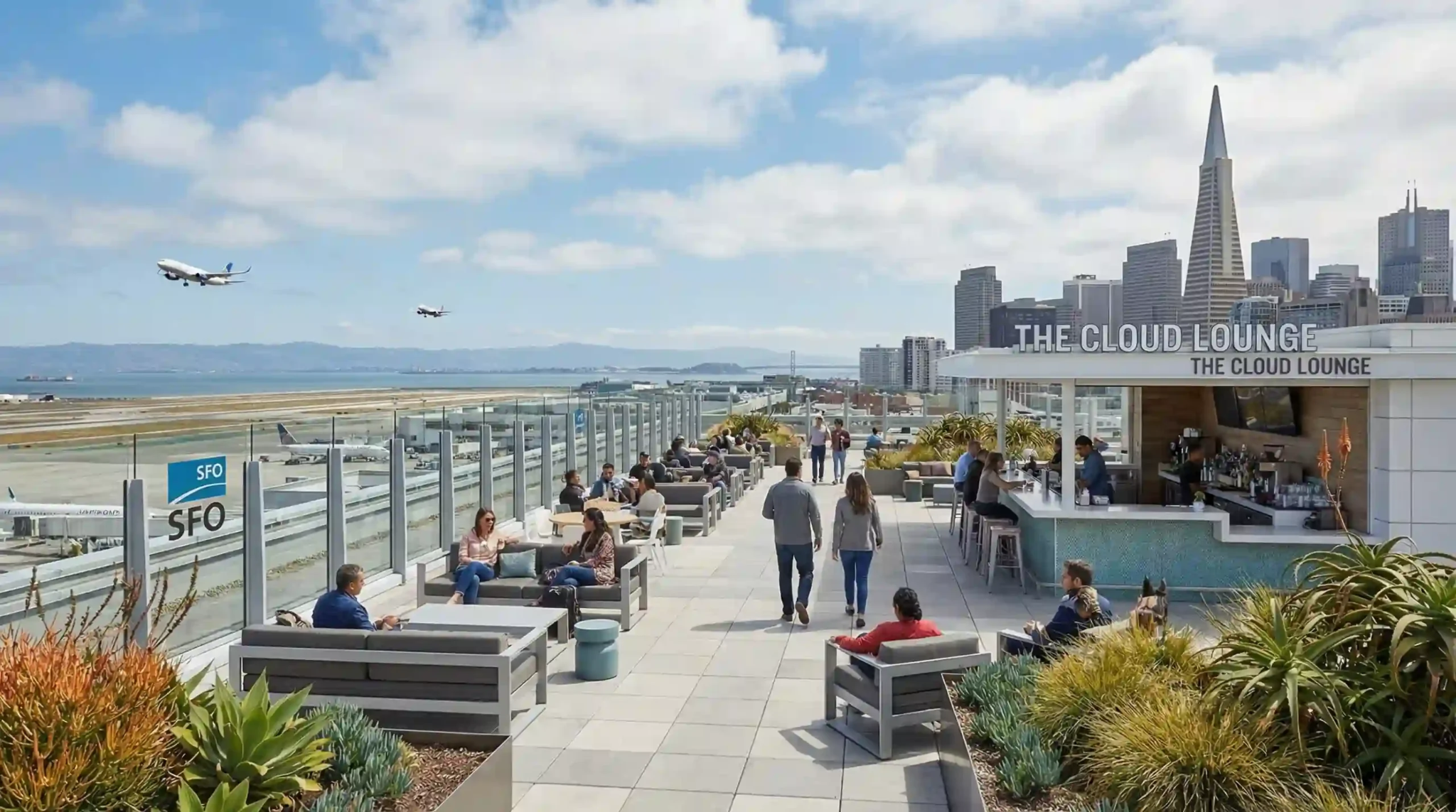 People relax on an outdoor rooftop lounge at an airport, with planes taking off in the background and city skyscrapers visible. A sign reads “The Cloud Lounge.” The weather is partly cloudy.