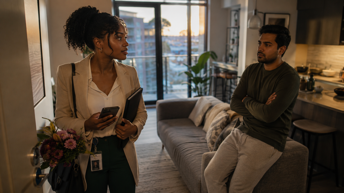 A woman holding flowers, a phone, and a folder stands near the door, looking at a man in casual clothes with crossed arms, sitting on a couch in a modern apartment at sunset.