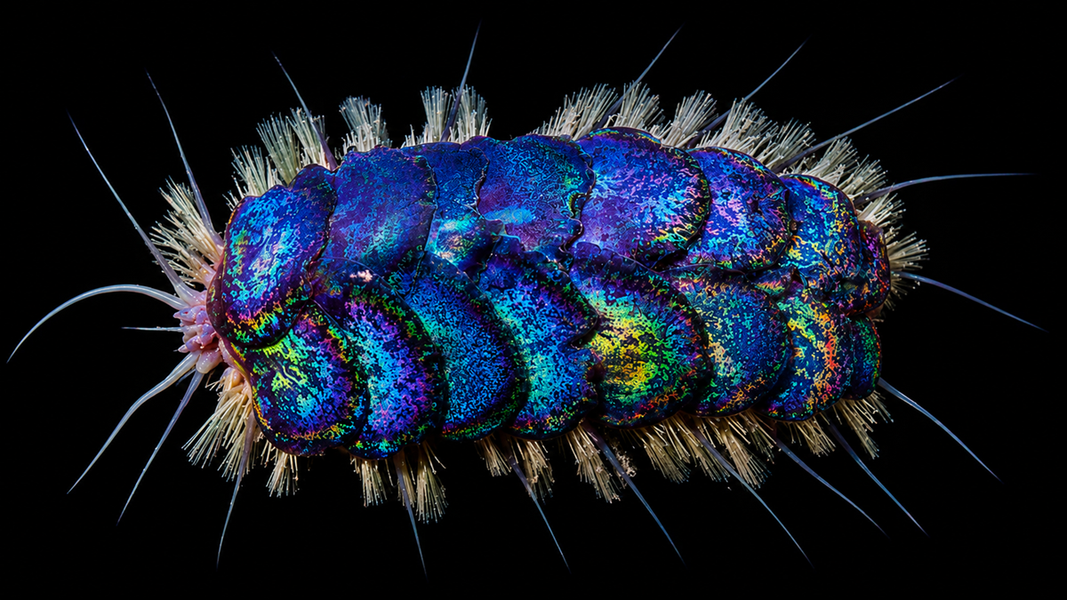 A close-up of a marine insect-like creature with shiny, iridescent blue and purple segmented plates and bristle-like appendages, set against a black background.